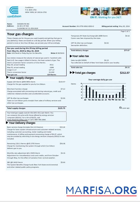 Blank USA Con Edison gas business utility bill template in Word and PDF formats